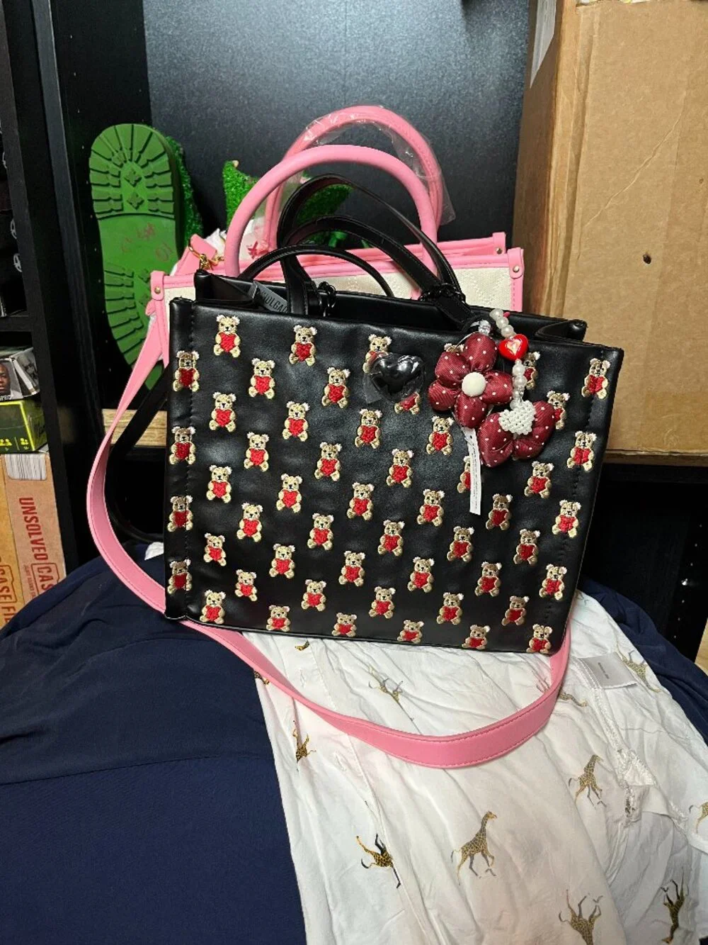 NWT Betsey Johnson Black Teddy Bear Heart Satchel Bag